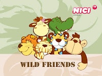 Five cartoon animals—a giraffe, crocodile, lion, tiger, and monkey—smiling and huddling together above the words "WILD FRIENDS," showcasing the NICI Wild Cats range with a pink "NICI" logo in the top right corner.