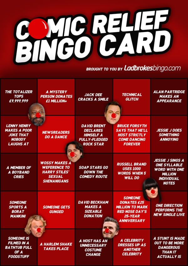 A Comic Relief bingo card with 25 squares, each featuring a hilarious Red Nose Day 2013 moment, like "Someone gets gunged," "Wossy makes a reference to Harry Styles," or "Someone eats a bowl of foodstuff.