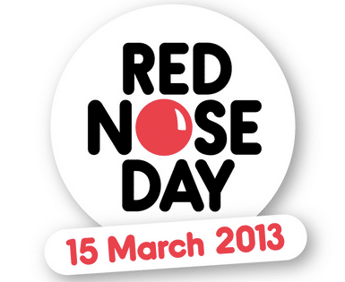 A circular Red Nose Day charity logo features the letter "O" in "NOSE" as a red nose. Below, on a rounded white banner, pink text displays "15 March 2013".