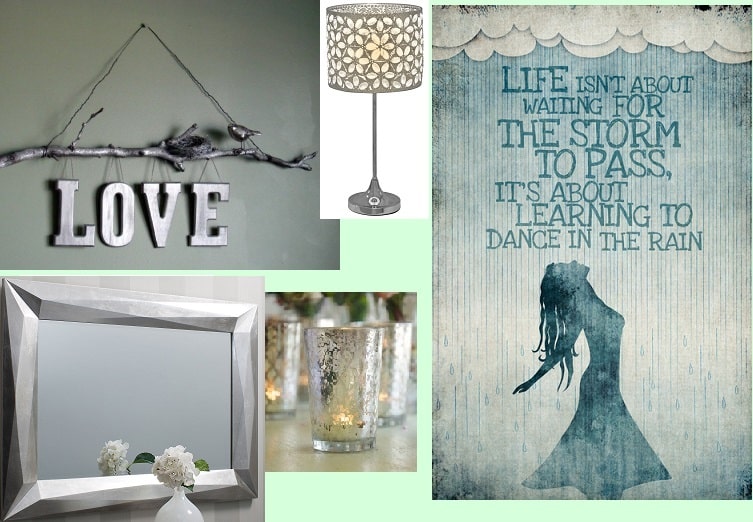 A collage perfect for bedroom decor features a branch with “LOVE,” a floral table lamp, a mirror with white flowers, two glass candle holders, and a poster of a woman in rain—ideal for refreshing your space during your spring clean.