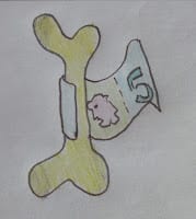 A hand-drawn yellow bone shape with a blue ribbon wrapped around it, featuring a dreaming pink pig and the number 5 on the ribbon.
