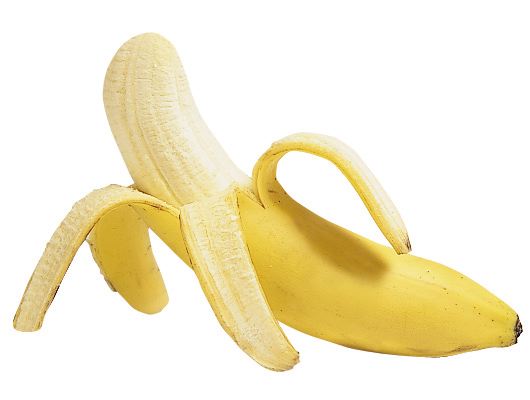 A yellow banana, perfect for breakfast, is partially peeled with three sections of the skin folded back to reveal the inner fruit against a white background.