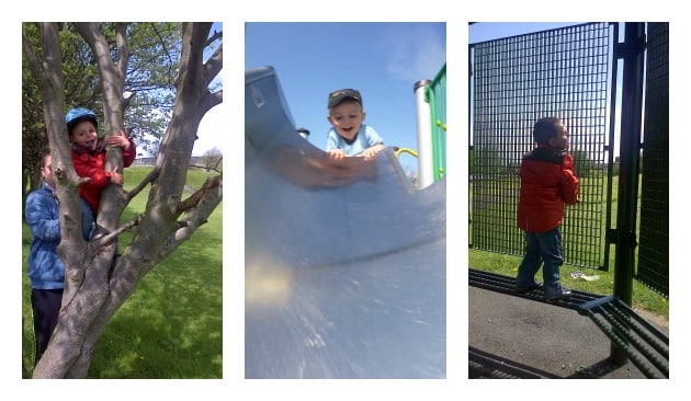 Three photos: a child climbing trees with an adult's support; a child smiling while sliding down playground slides; and a child in a red jacket standing by a metal fence, looking through it at a grassy area.