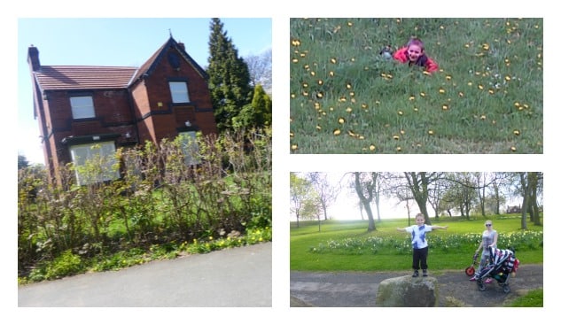 A collage with three photos: a brick house behind bushes, a child lying in tall grass with yellow flowers, and two children outdoors near trees and grass, one standing on a rock as if scouting for slides or climbing trees.
