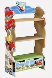 A colourful children's bookcase with three shelves, decorated with cars, a fire engine, a helicopter, and a train. The bottom has a green storage box featuring a train scene—perfect for little ones’ room to grow and organise.