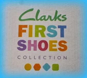 Clarks First Shoes Collection logo with colourful text and four small shapes (circle, diamond, square, circle) at the bottom, all on a light background with a blue border—perfect for introducing little ones to Clarks Kids' Shoes.