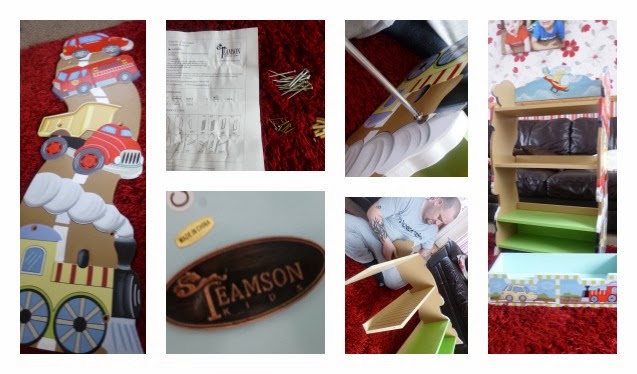 A collage shows steps of assembling a colourful, train-themed wooden shelf with room to grow, including parts, screws, instructions, partially built sections, a close-up of the brand “Teamson”, and a person building the shelf.
