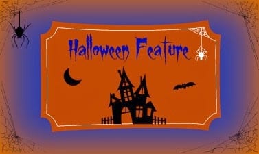 An orange and purple Hallowe’en-themed sign reads "Hallowe’en Feature" with spooky font, a haunted house, moon, bat, spider, cobwebs, and playful slugs & snails patterns—perfect for showing off boys’ tights this Hallowe’en.
