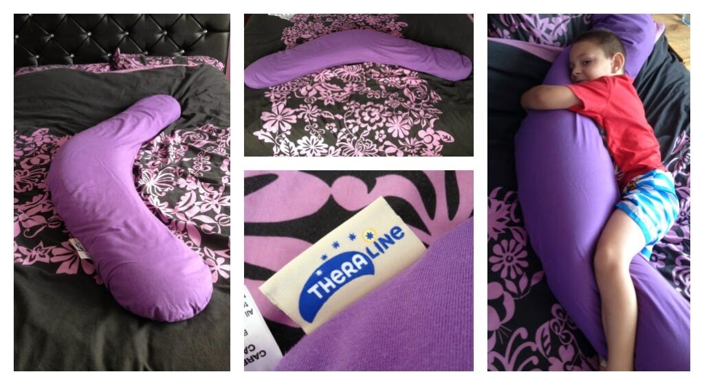 Collage of four images: a purple, curved Theraline Maternity Pillow on a bed, a close-up of the pillow’s label, and a young child in a red shirt hugging the maternity pillow whilst lying on the bed.