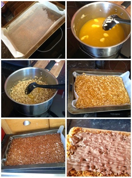 Six-step photo collage of making chocolate flapjacks: lining a baking tin, melting butter, mixing oats, spreading the mixture, baking, and finishing these chocolate-coated flapjacks with a generous layer of melted chocolate. Flapjack recipe made easy!.