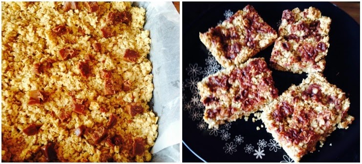Two images: on the left, a baking tray lined with greaseproof paper holds freshly baked oat bars with fruit pieces; on the right, four bars inspired by English Confectionery are cut and served on a black plate with a white snowflake pattern.