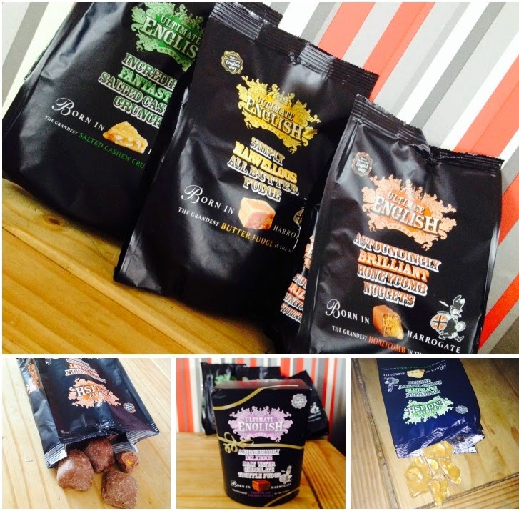 Five black bags and one tub of Ultimate English sweets—a delightful selection of British confectionery—are displayed on striped and wooden backgrounds, with some sweets poured out beside their packaging in the bottom row.