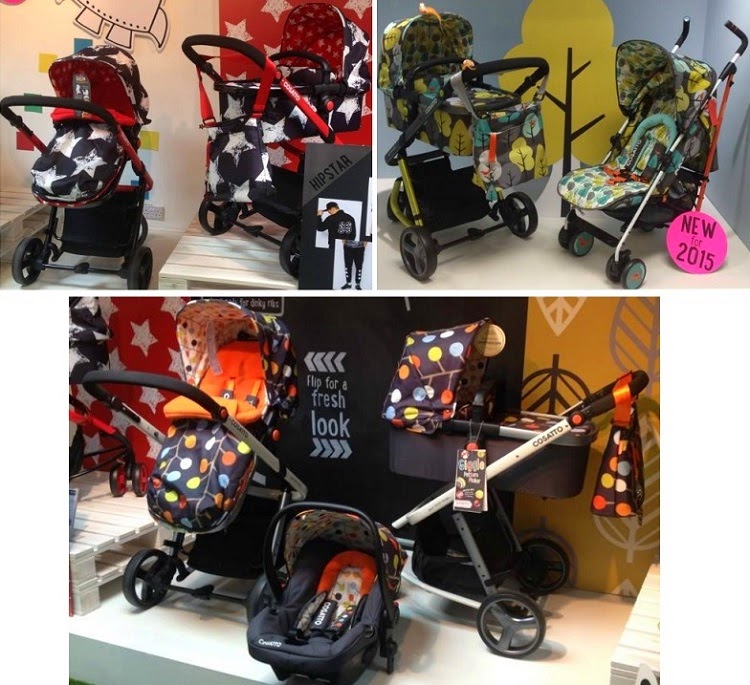 Collage of Cosatto’s colourful pushchairs and car seats with bold patterns, including stars and polka dots, displayed in a shop setting against playful, graphic wall backgrounds—perfect baby kit for a press launch.