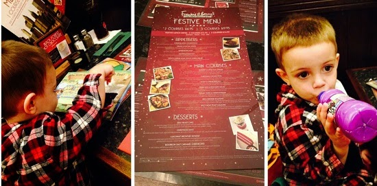 A collage of three images: a young boy in a red checked shirt looks at the Frankie & Benny's Christmas Menu, a close-up of the festive restaurant menu, and the boy drinking from a purple bottle.