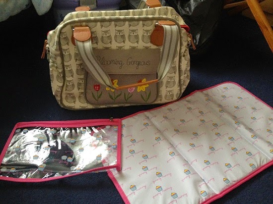 A beige Blooming Gorgeous Changing Bag with an owl pattern and "Blooming Gorgeous" written on it sits on a dark carpet. Next to it is a matching Pink Lining changing mat with a pink border and a clear pocket.