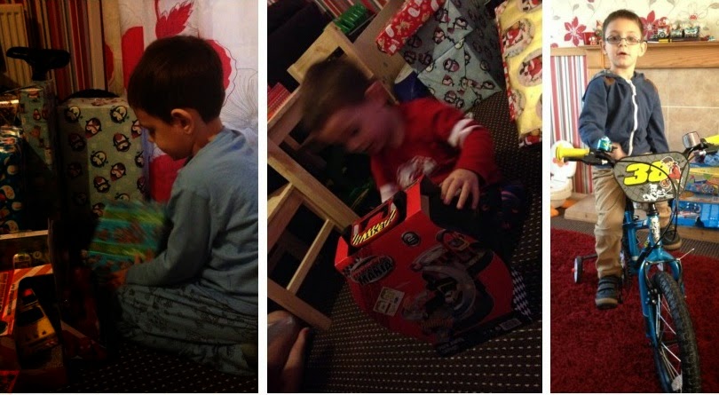 Three photos capture Christmas Time: left, a child in pyjamas opens presents; centre, a child excitedly opens a toy box; right, a child with glasses stands by a blue bicycle indoors, surrounded by gifts and the warmth of Family Time near the fireplace.