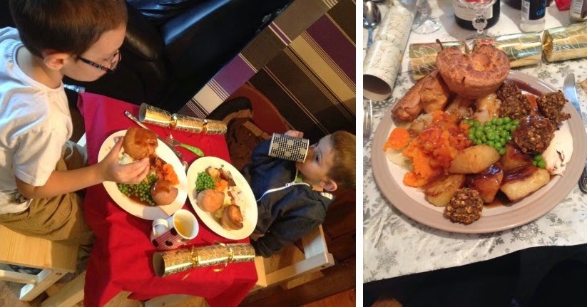 Two children sit at a small table enjoying a meal of peas, carrots, Yorkshire puddings, and more. Next to them, a close-up shows the same festive feast—perfect for cherished family time at Christmas.