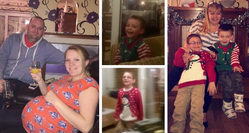 A collage of family photos: a pregnant woman and a man sitting together, two boys in festive jumpers smiling, and a woman posing with the boys in holiday attire. The cosy home decorations capture the warmth of Christmas and special family time.