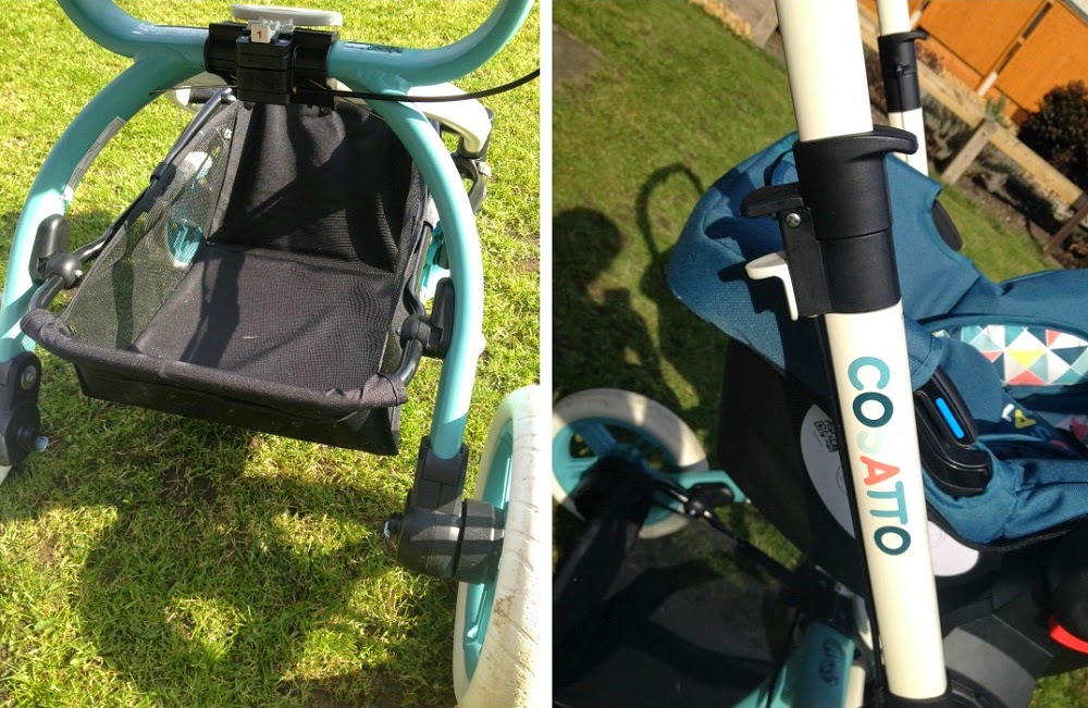 A split image showing close-ups of a light blue and white Cosatto Ooba pushchair on grass; the left side focuses on the storage basket, while the right highlights this 3-in-1 travel system’s frame and part of the seat.