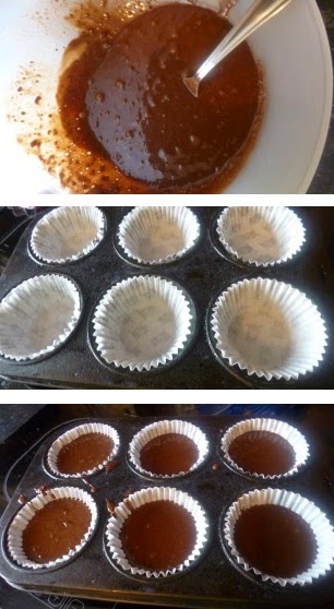 Three images: chocolate brownie buns batter in a bowl with a spoon, empty paper cupcake cases in a muffin tray, and the cases filled with rich chocolate brownie buns batter, ready to bake.