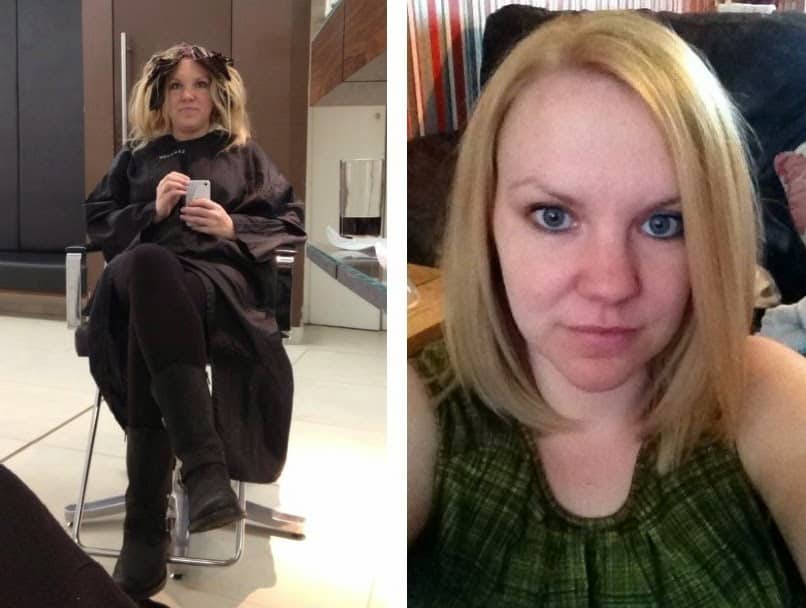 A woman sits in a salon chair with foils in her hair, wearing a black cape and boots (left). In this Week In Pictures, she later shows off her new straight blonde hairstyle at home, wearing a green top (right).