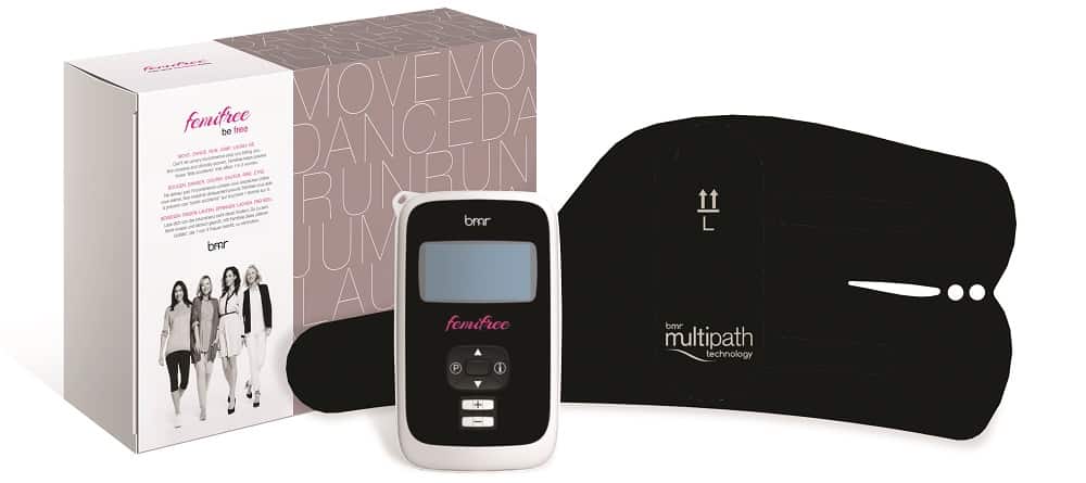 A Femifree box, electronic controller with display and buttons, and a black multipath electrode pad for urinary incontinence, displayed on a white background—perfect for awareness during World Continence Week.