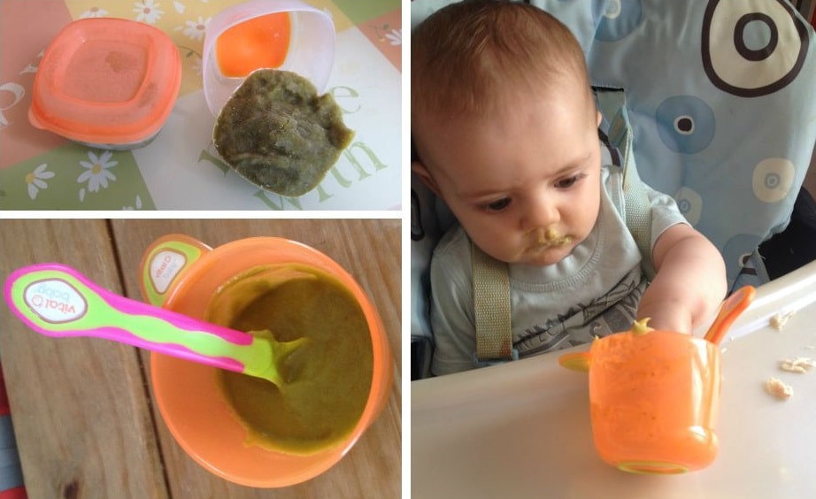 Three images: a container of green baby food, a bowl of the same Spinach and Ricotta blend with a colourful spoon, and a baby in a highchair with some of the food on their face, holding an orange cup.