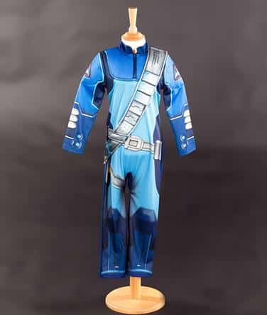 A blue child's costume designed to look like a futuristic space suit with printed armour, belt, and sash details—an out-of-this-world choice for Christmas presents—displayed on a wooden mannequin against a plain dark background.