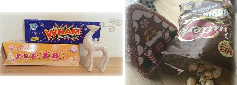 Two photos: on the left, Wham and Fruit Salad chocolate bars with a glittery white reindeer decoration—a festive touch for Christmas Gift Guide ideas; on the right, a partly opened bag of toffee popcorn spilling onto a wooden surface.