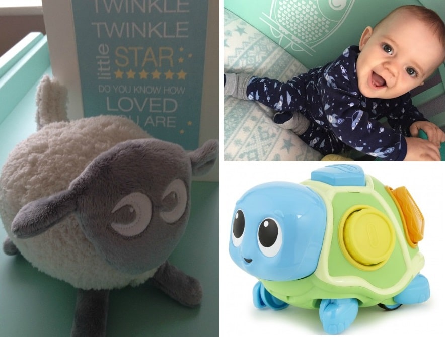 A collage with a plush sheep toy, a smiling baby in star-patterned pyjamas, and a colourful plastic turtle toy—all in a nursery setting with pastel colours—captures perfect younger boys’ Christmas gift ideas.