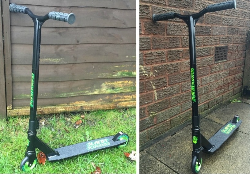 Two views of a black stunt scooter with green accents and wheels, shown outdoors on concrete near a wooden fence and brick wall. The deck displays "Raptor Scooters" in green lettering—an ideal pick for Christmas gifts for older boys.