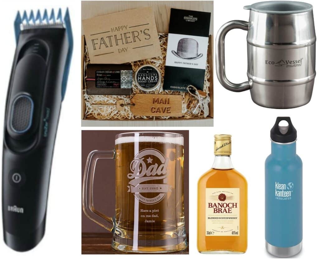 A collage of Father's Day gift ideas, perfect for those wondering what to buy for dad—featuring a beard trimmer, gift box set, stainless steel mug, clear "Dad" beer tankard, Scotch whisky bottle, and a blue reusable water bottle.