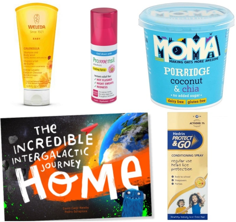 A collage featuring Weleda baby cream, Promensil menopause spray, MOMA coconut & chia porridge, "The Incredible Intergalactic Journey Home," and Hedrin Protect & Go conditioning spray—perfect summer essentials for children.