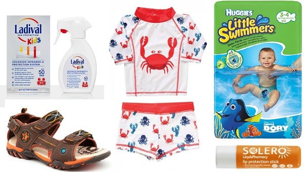A collage featuring children’s summer essentials: suncream, sun spray, a crab-themed children’s swimming costume set, swim nappies, brown sandals, and a lip protection stick—all for children’s sun and swim safety.