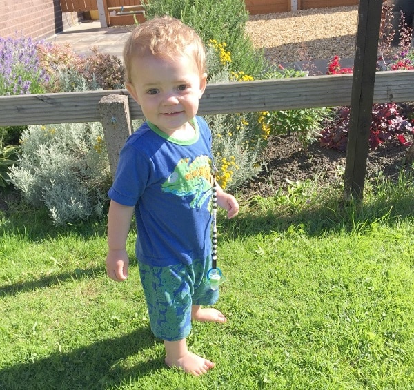 A toddler with curly hair, wearing a blue Out Of Africa Romper, stands barefoot on grass in a sunny garden with flowers and a wooden fence behind him.