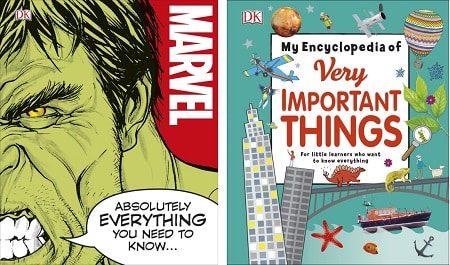 Split image: Left side shows a close-up of Hulk’s green face with “Absolutely Everything You Need to Know… MARVEL”; right side features the colourful “My Encyclopaedia of Very Important Things”—great gift ideas for younger boys.