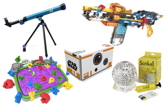 A collage of various STEM and creative toys, perfect as gift ideas for younger boys, including a blue telescope, a colourful toy blaster, a fish-themed game board, a cardboard Star Wars camera, and a spherical drawing toy with coloured markers.