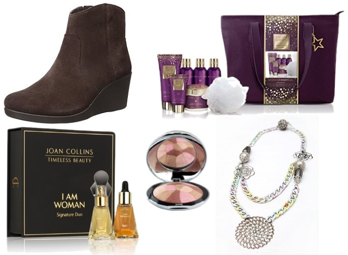 A collage featuring brown wedge ankle boots, a purple beauty gift set in a tote bag, a Joan Collins perfume and oil set, a multicoloured compact, and a silver statement necklace—perfect Christmas gifts for mums.