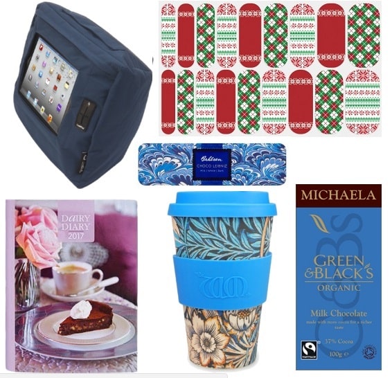 A collage of Christmas gifts for mums featuring a blue tablet holder, decorative Christmas plasters, a floral reusable coffee cup, a 2017 Dairy Diary with cake on the cover, and two chocolate bars including Green & Black's.