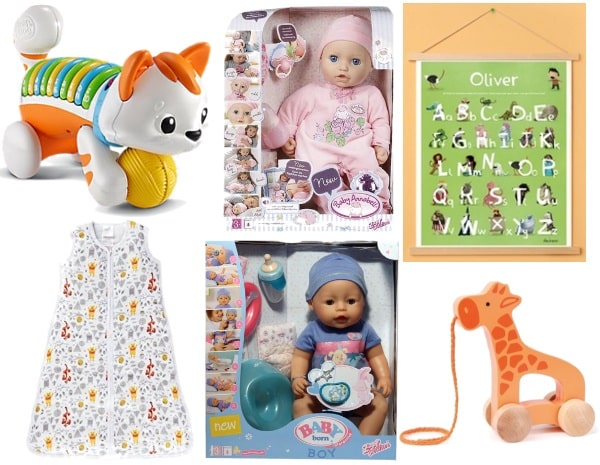 A collage of baby toys and items—perfect gift ideas for younger boys—including a toy cat on wheels, a doll in a box, an alphabet poster with the name Oliver, a cosy patterned sleeping bag, another doll with accessories, and a wooden pull-along giraffe.