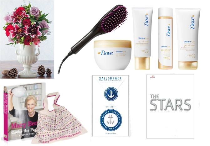 A collage featuring Christmas gifts for mums: a floral arrangement in a white vase, a hair straightening brush, Dove skincare products, a Mary Berry cookbook with an apron, a Sailbrace bracelet, and the book "The Stars.