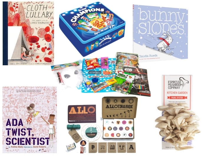 A collage featuring gift ideas for younger boys—children’s books, board games, a mushroom-growing kit, craft supplies, science activity boxes, and educational toys—all arranged on a white background.