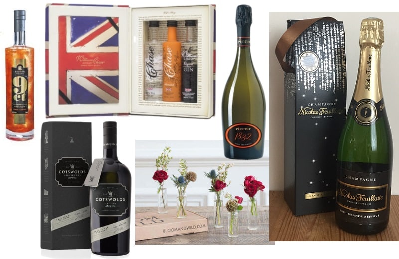 A collage featuring bottles of liquor and Champagne, boxed gift sets, and a row of glass vases with assorted flowers on a wooden base—perfect inspiration for thoughtful Christmas gifts for mums.