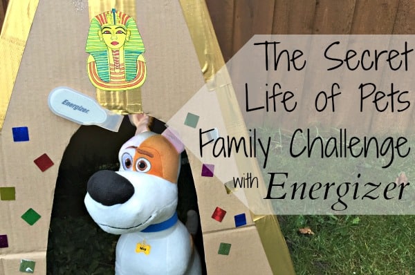 A stuffed dog from "The Secret Life of Pets" peeks out of a decorated cardboard pyramid. Text on the image reads "Secret Life of Pets Family Challenge with Energizer.