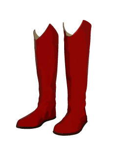 A pair of tall, bright red superhero boots with flat soles and slightly pointed toes, standing upright side by side on a white background.