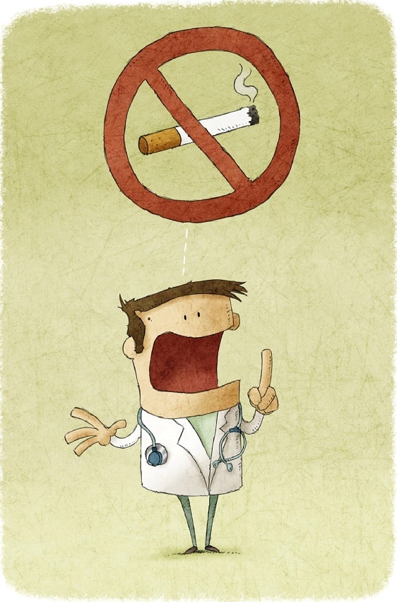 Cartoon doctor wearing a stethoscope raises a finger and speaks, with a thought bubble above showing a no smoking sign featuring a crossed-out cigarette—perfect for highlighting National No Smoking Day awareness.