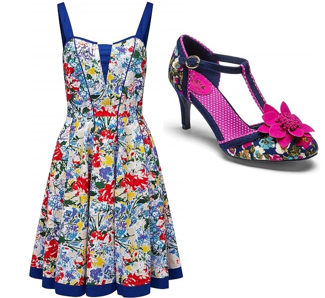 A sleeveless, knee-length floral dress with a fitted bodice and flared skirt sits next to a high-heeled, T-bar shoe with matching floral patterns—an ideal spring look for those who love feminine dresses and vibrant style.