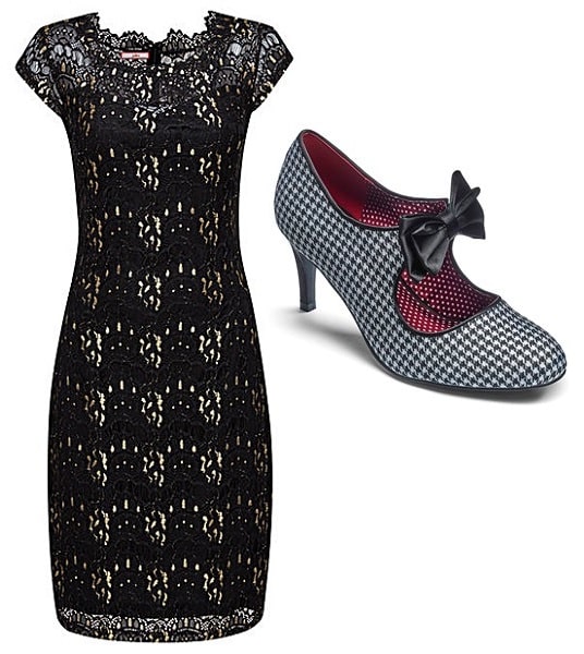 A chic black lace dress with a nude underlay is styled for a fresh Spring Look, displayed beside a black and white houndstooth high-heeled shoe accented with a sleek black bow.