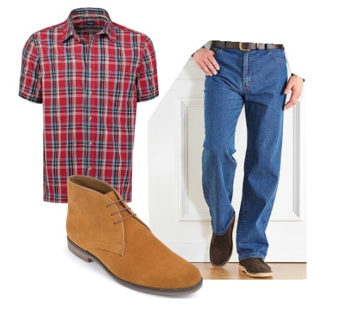A casual outfit perfect for older men, featuring a red checked short-sleeve shirt, blue jeans with a black belt, and light brown suede lace-up shoes—classic elements of men's fashion over 50.