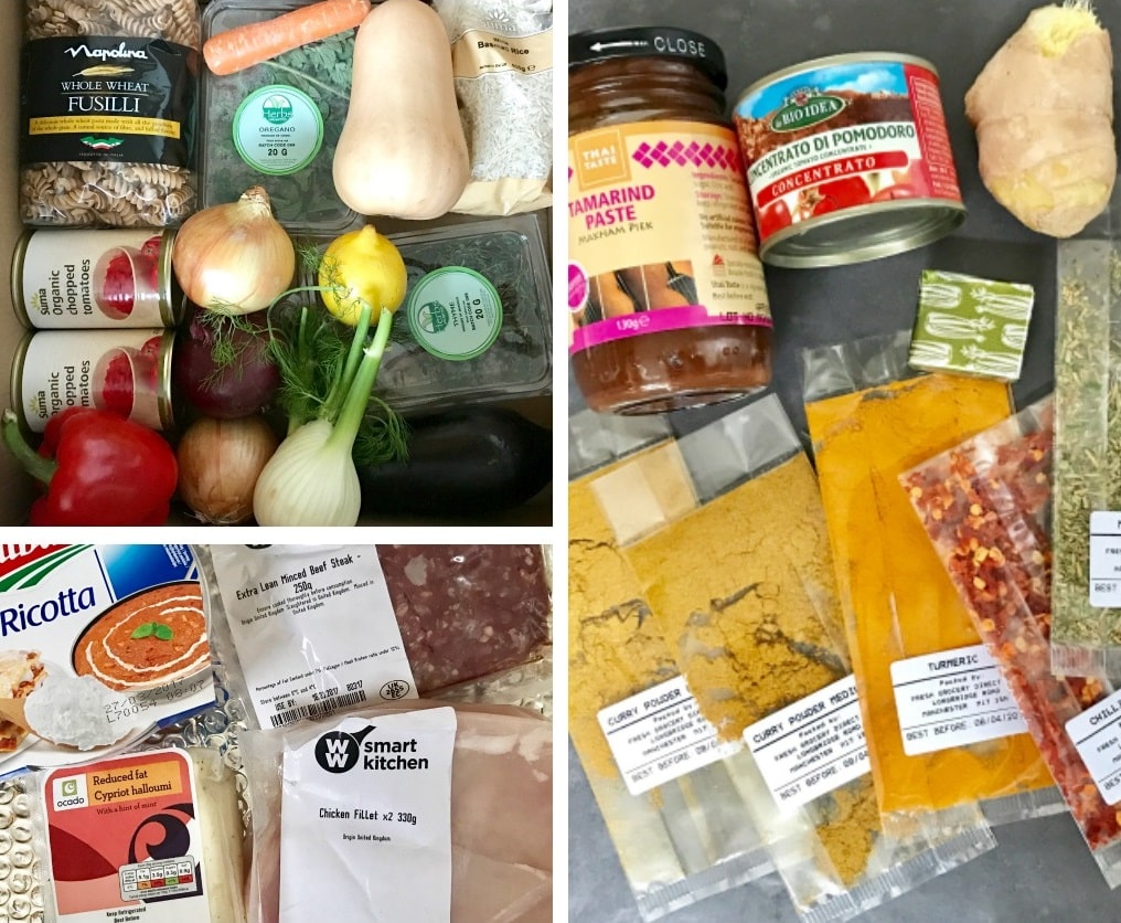 A collage of four images displays various food ingredients, perfect for Cooking or preparing Healthy Meals, including fresh vegetables, pasta, tinned goods, spices, tamarind paste, ricotta cheese, and assorted meats in labelled packaging.